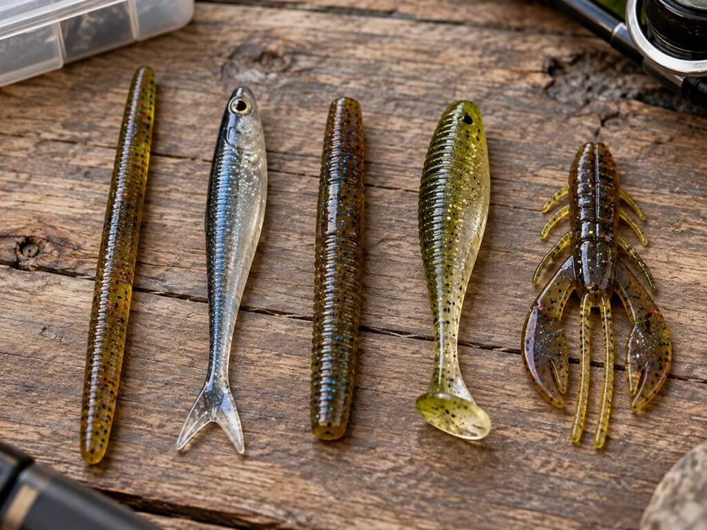 Straight-tail worms, minnow baits, and paddle-tail plastics for drop-shot fishing