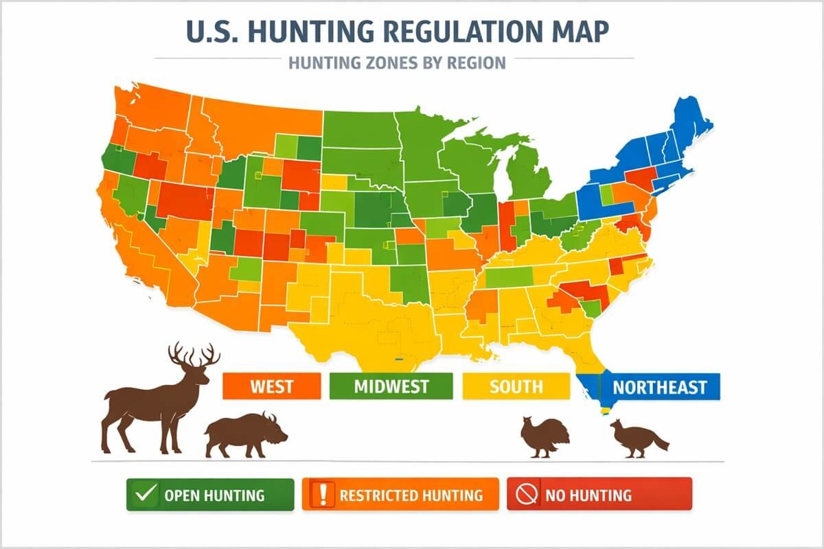 United States hunting regulations map showing regional hunting zones and key game species by state in 2026
