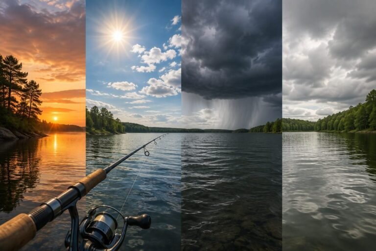 Fishing rod overlooking a lake under changing weather conditions including sunshine, overcast skies, and storm clouds, illustrating how weather patterns affect fishing.