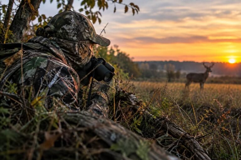 Camouflaged hunter concealed behind natural cover while watching a deer at sunset.