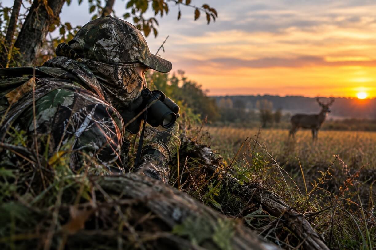 Camouflaged hunter concealed behind natural cover while watching a deer at sunset.