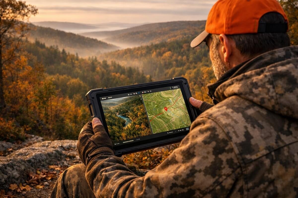 Hunter using satellite maps for preseason deer scouting.