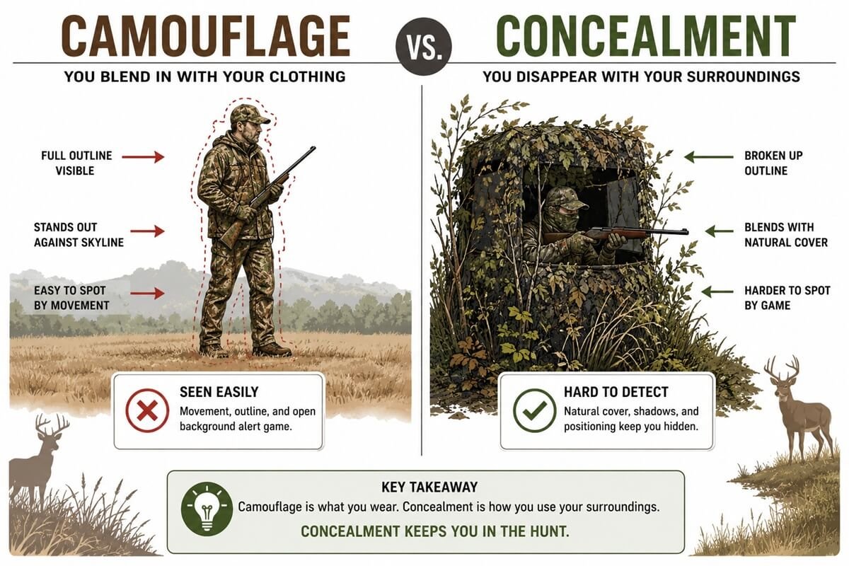 Comparison between camouflage clothing and complete hunting concealment.
