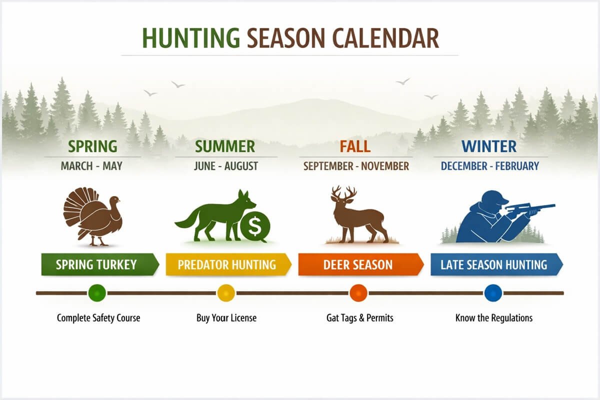 U.S. hunting season calendar infographic showing spring turkey, summer predator, fall deer, and winter hunting seasons