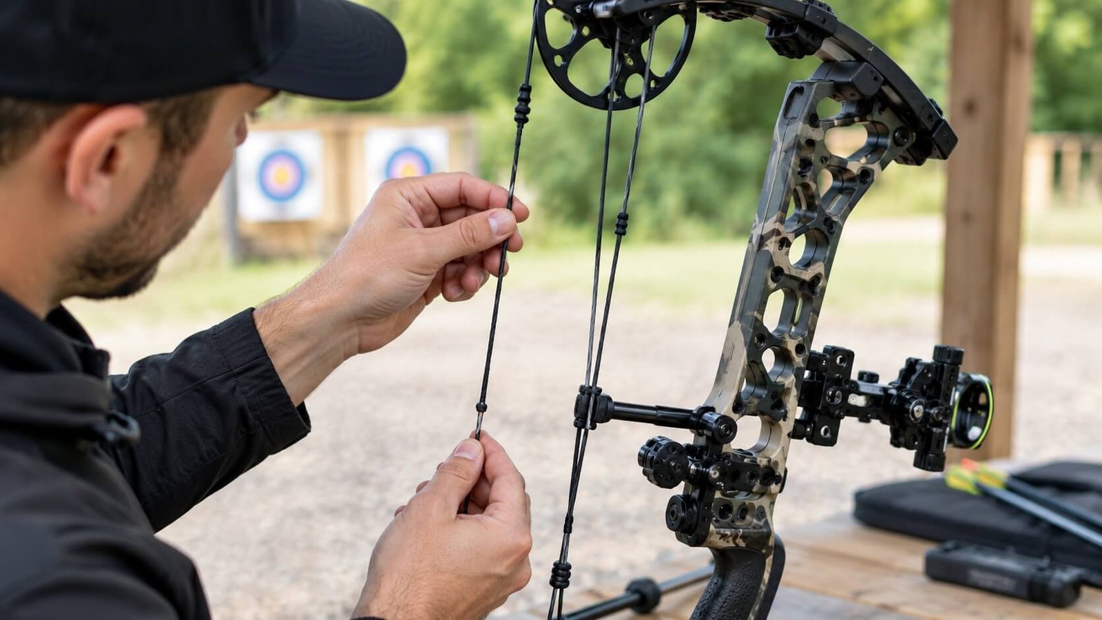 Inspecting compound bow string and cable serving for wear