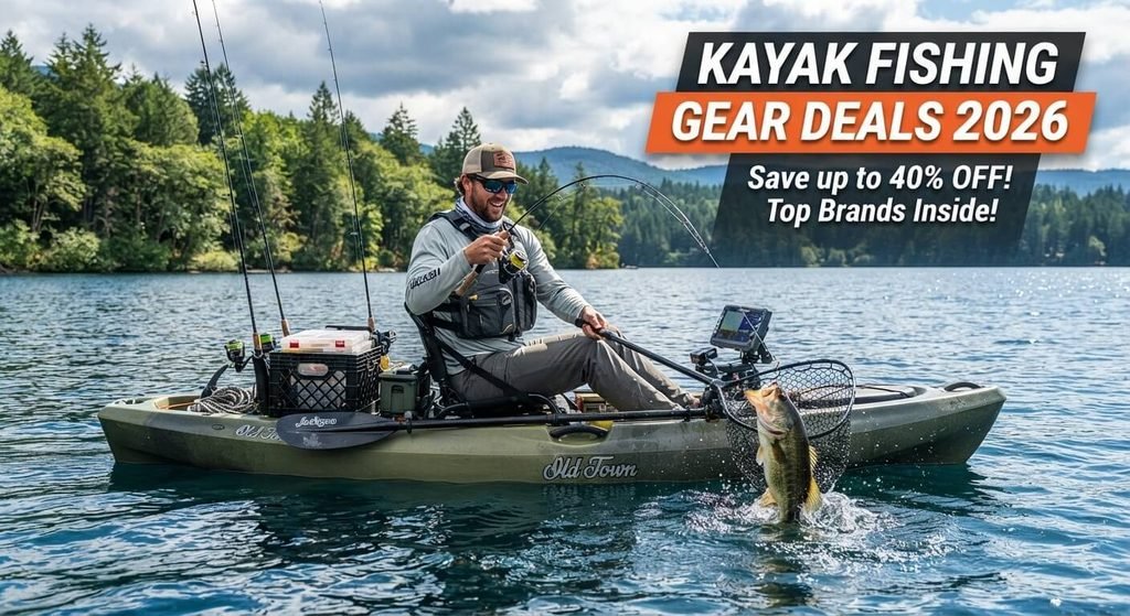 An enthusiastic male angler in a fishing kayak on a calm, scenic mountain lake, successfully netting a jumping largemouth bass. Overlay graphic text reads 