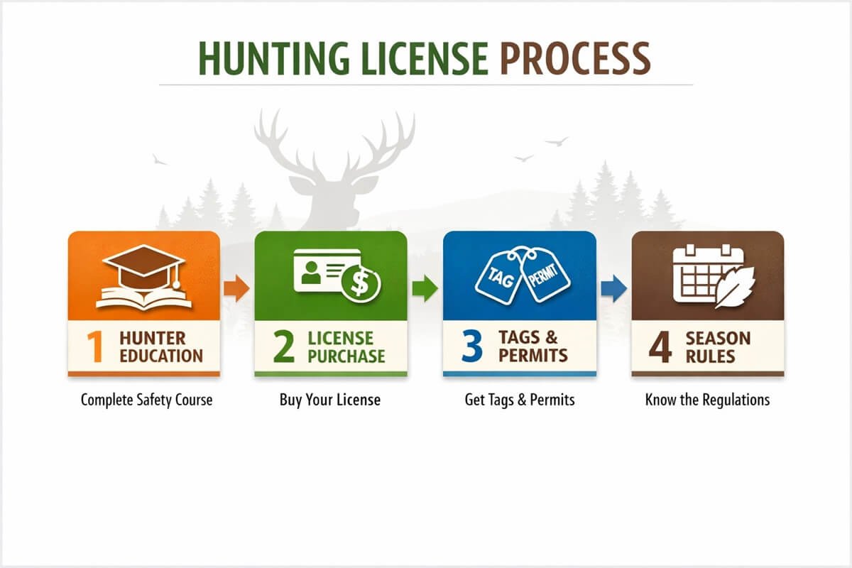 Hunting license process infographic showing hunter education, license purchase, permits, tags, and seasonal hunting requirements