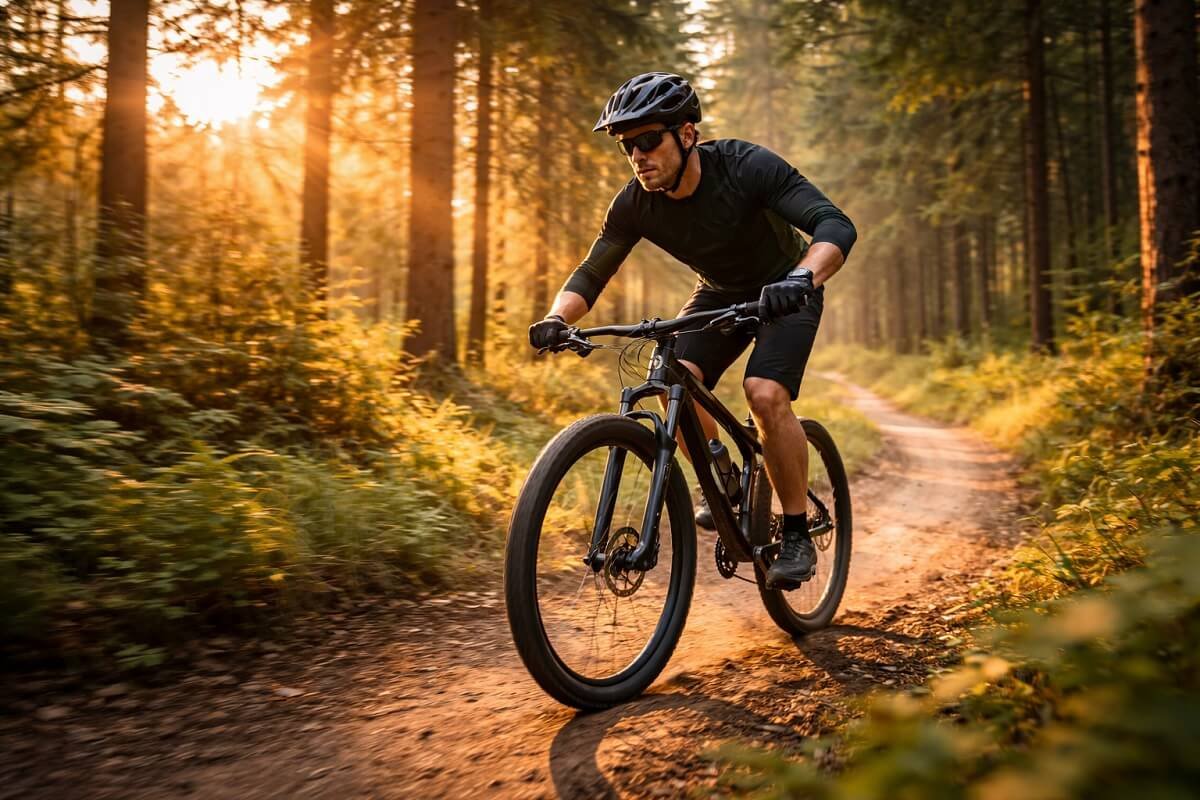 mountain biker riding smoothly on forest trail after warm up, dynamic motion, golden hour lighting