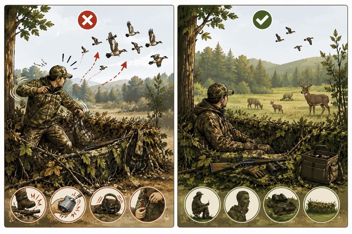 Proper versus improper hunter movement while staying concealed.