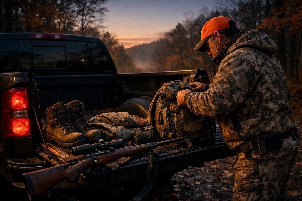 Hunter preparing essential gear before a deer hunting trip.