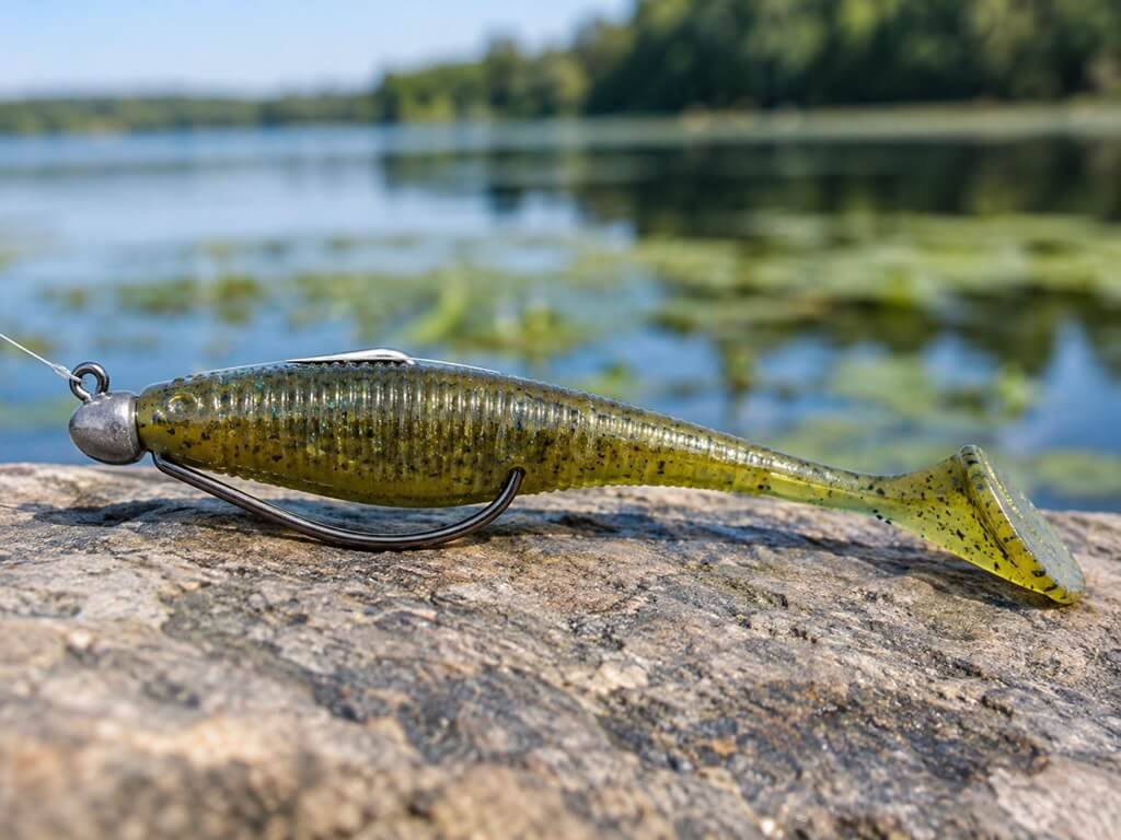 Paddle-tail swimbait rigged on a weighted weedless offset hook
