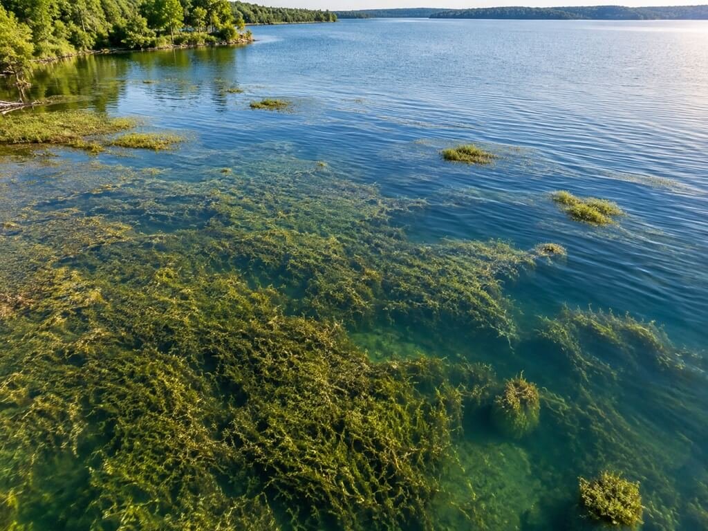 Submerged weed bed with open pockets and irregular edges for bass fishing