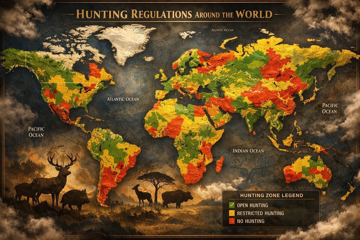 World map showing hunting regulations by country in 2026 with legal hunting zones across the USA, Canada, Europe, Australia, and Africa