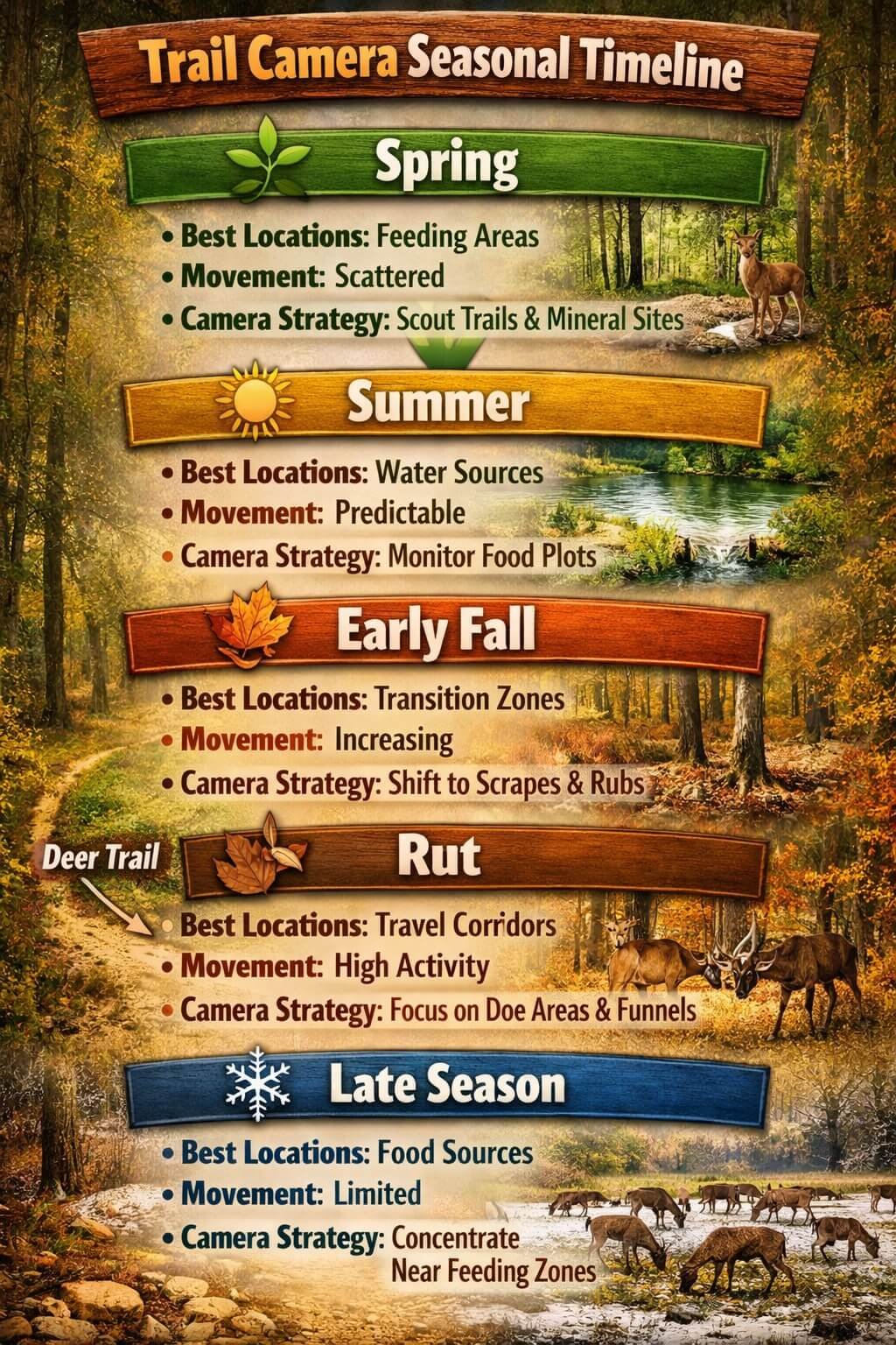 Seasonal trail camera placement strategy for deer hunting 