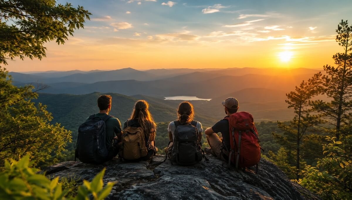 Wild Trend outdoor experts overlooking a mountain landscape at sunset during an outdoor adventure and gear testing trip