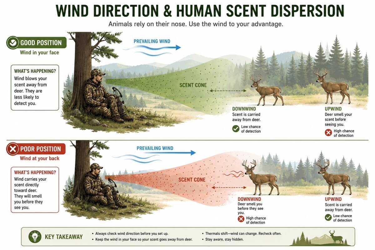 Wind direction and scent cone diagram for hunting concealment.