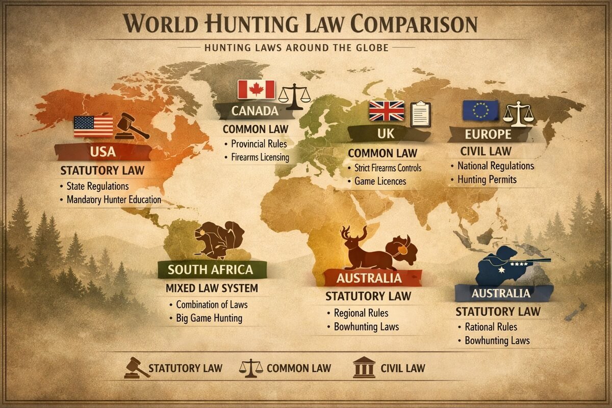 International hunting laws and regulations comparison map covering North America, Europe, Australia, and Africa