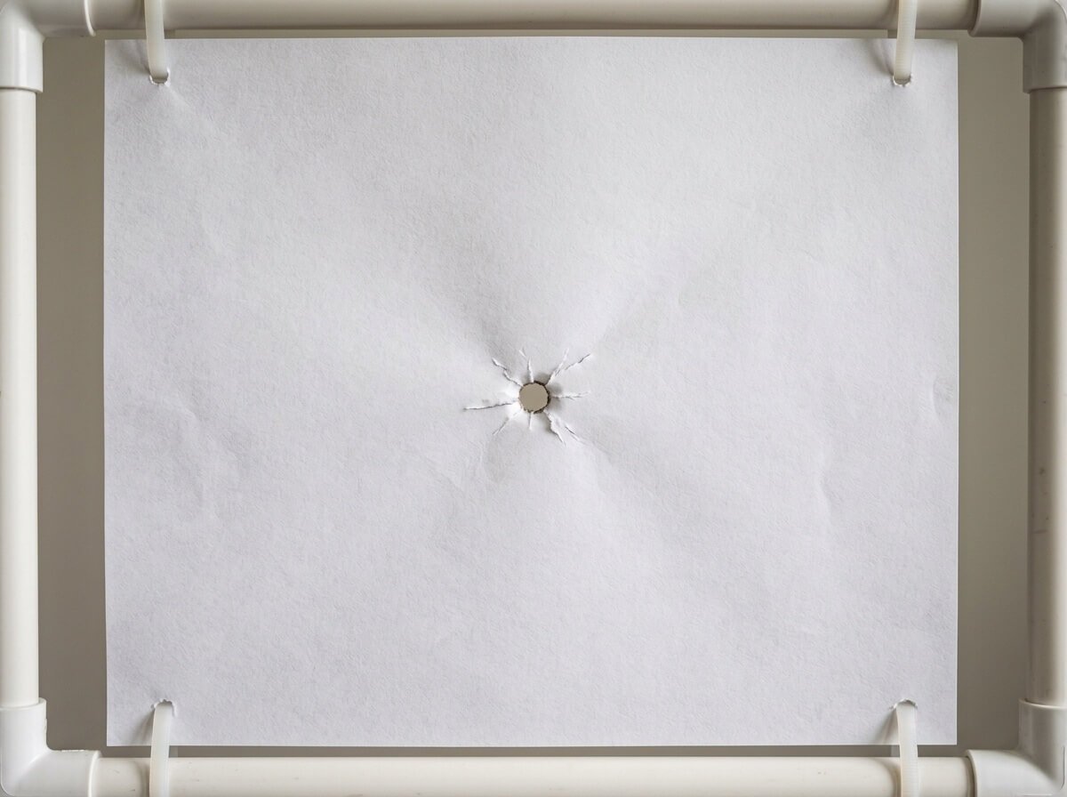 Show a rectangular, freestanding frame holding a taut sheet of plain white paper, with a suitable archery target and backstop positioned directly behind it.