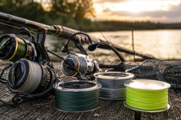 Braided fishing lines on spinning reels arranged on a wooden dock beside a fishing rod, showcasing top braided line options for freshwater and saltwater fishing. Select 68 more words to run Humanizer.