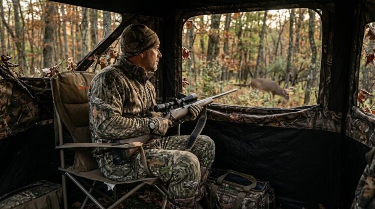 A hunter in full camouflage clothing sits inside a dark ground blind on a sturdy outdoor folding chair, holding a rifle and looking out a open mesh window toward autumn woods with a deer visible in the background.