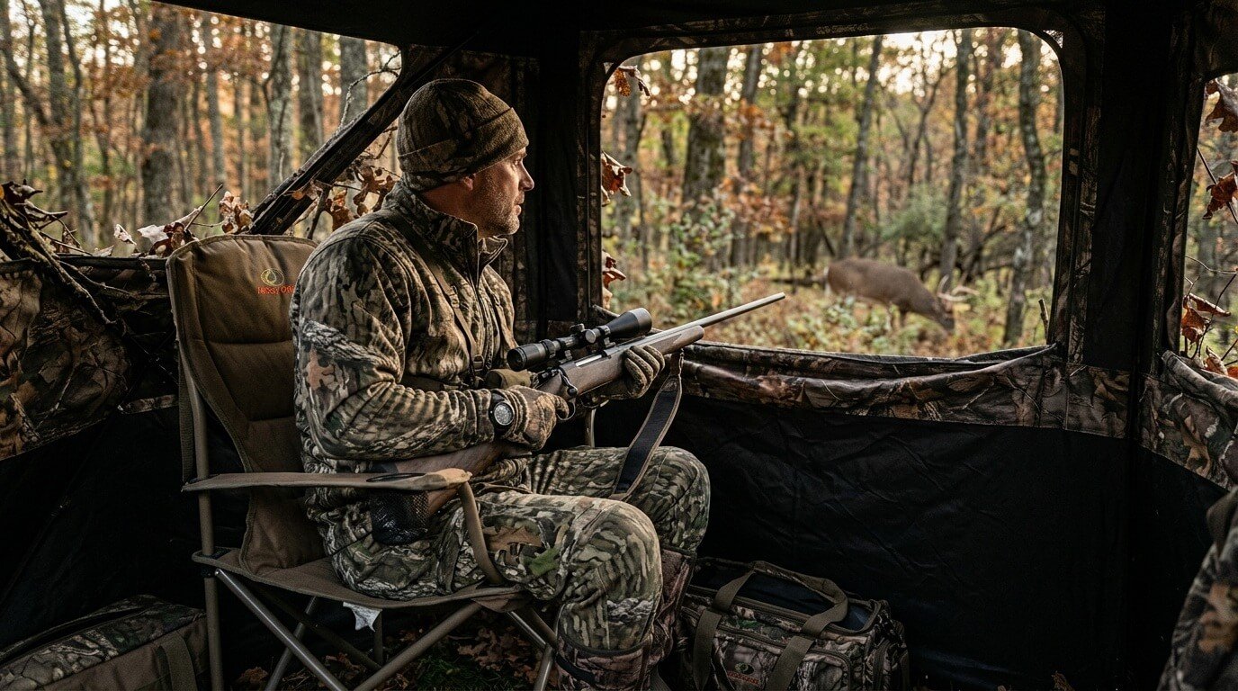 A hunter in full camouflage clothing sits inside a dark ground blind on a sturdy outdoor folding chair, holding a rifle and looking out a open mesh window toward autumn woods with a deer visible in the background.