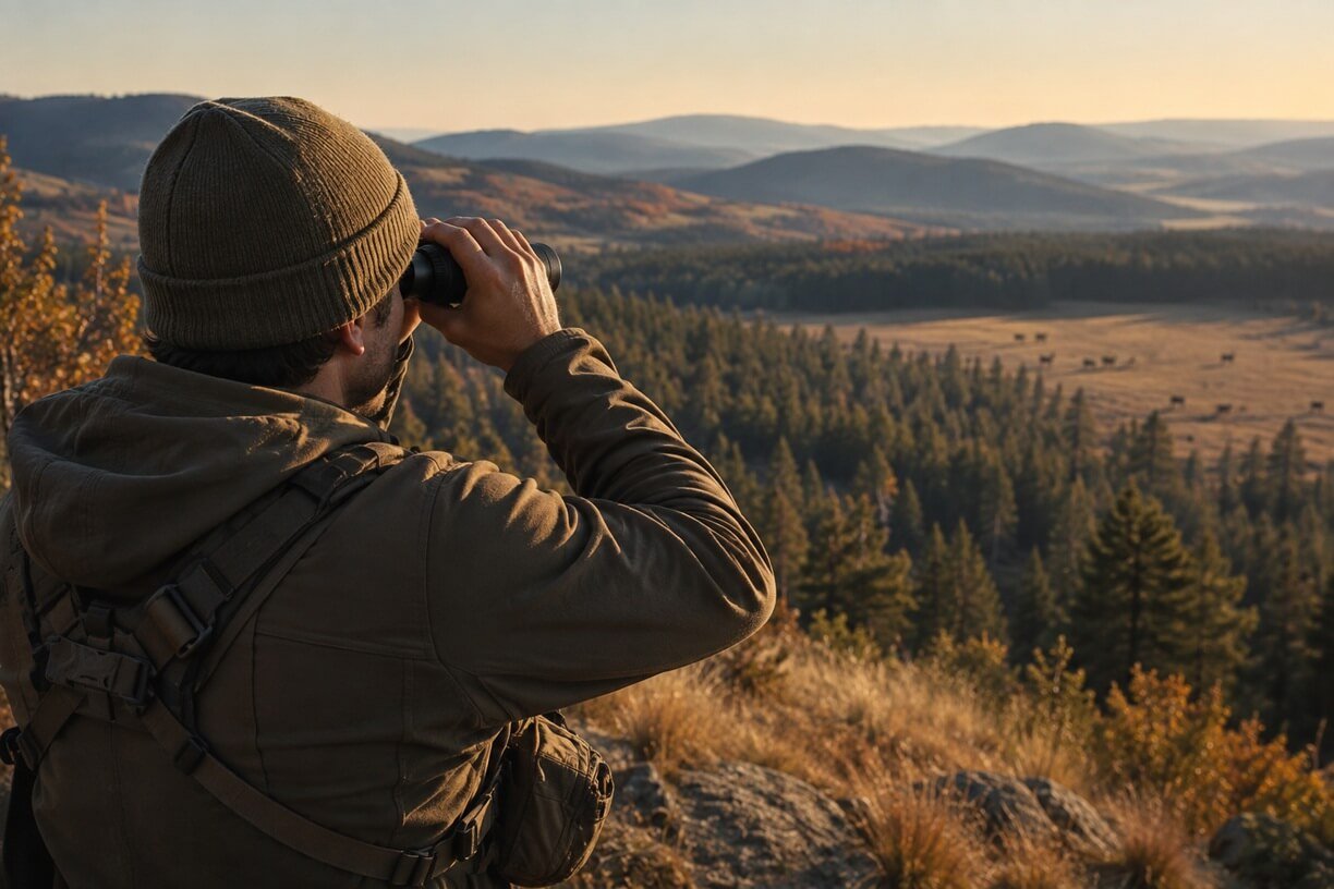 Hunter using binoculars for wildlife observation