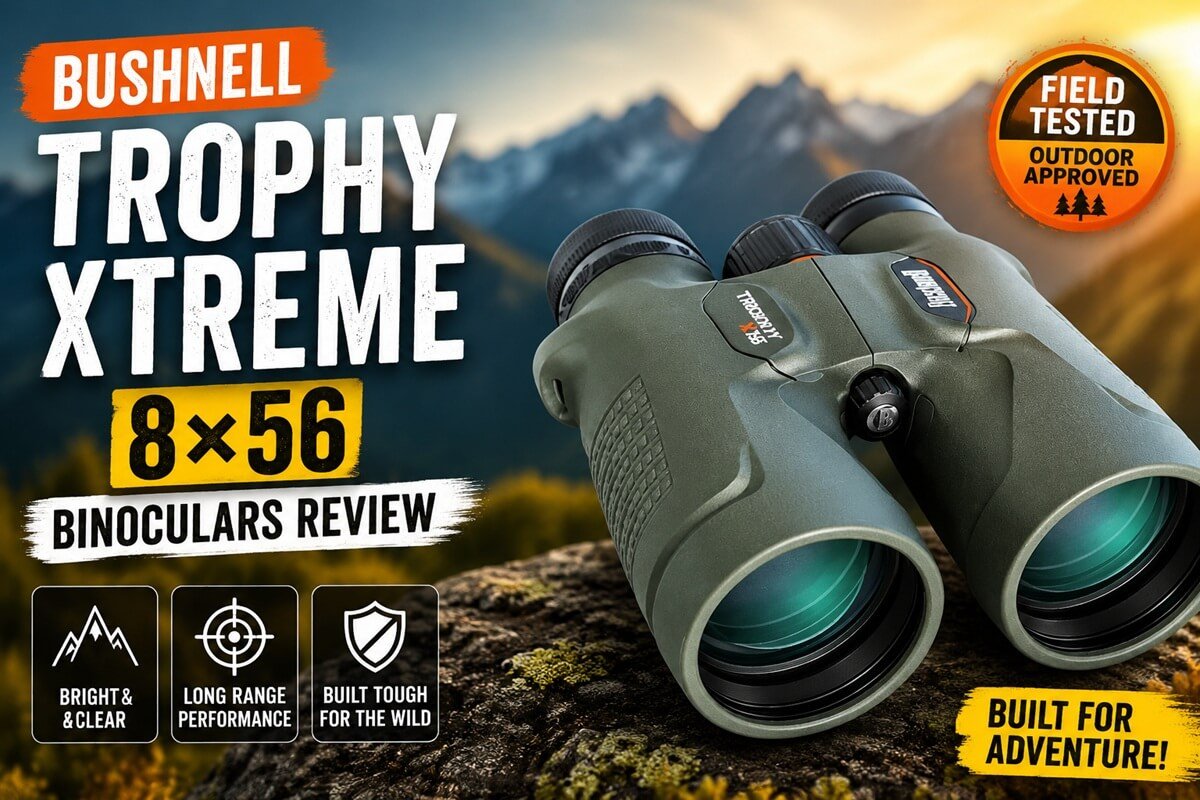 Bushnell Trophy Xtreme 8x56 binoculars review featured image showing rugged green binoculars with a mountain background highlighting bright optics, long-range performance, and outdoor durability.