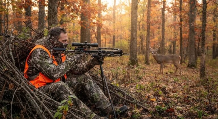 A hunter in full camouflage and blaze orange is shown sitting in a ground blind, aiming a scoped crossbow at a mature buck in an autumn forest clearing.