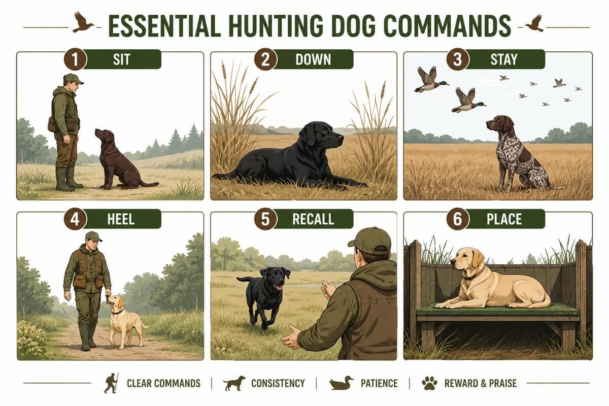 Infographic showing the six essential hunting dog obedience commands: sit, down, stay, heel, recall, and place.
