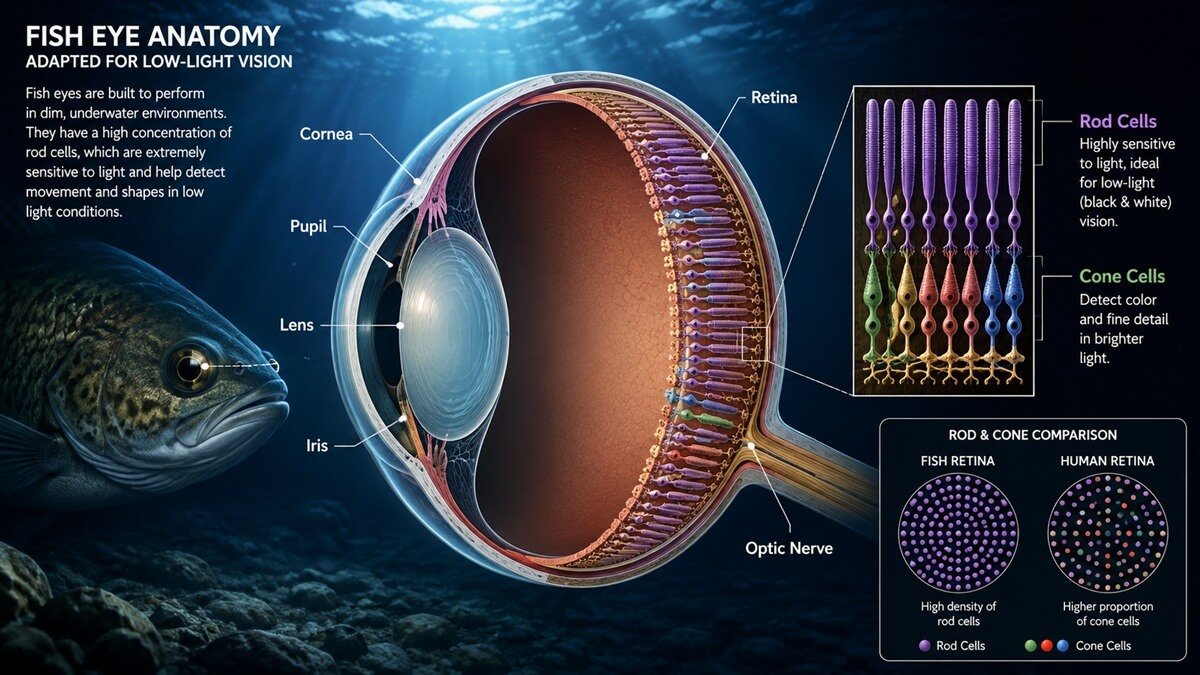 Scientific illustration of fish eye anatomy showing the cornea, lens, retina, rod cells, cone cells, optic nerve, and pupil adapted for low-light underwater vision.