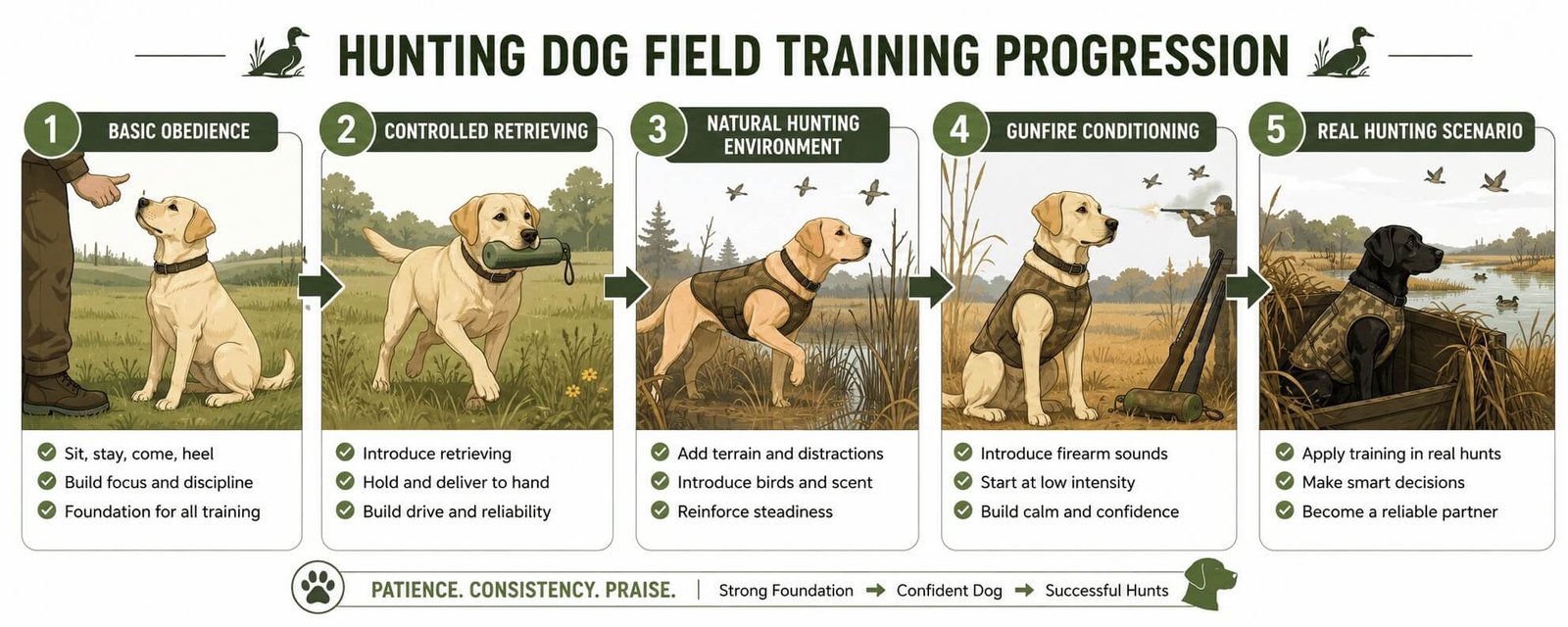 Step-by-step infographic showing the progression from basic obedience training to real hunting field work.