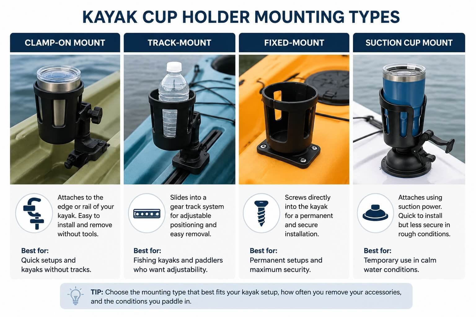 Kayak cup holder mounting types showing clamp-on, track-mount, fixed-mount, and suction cup designs
