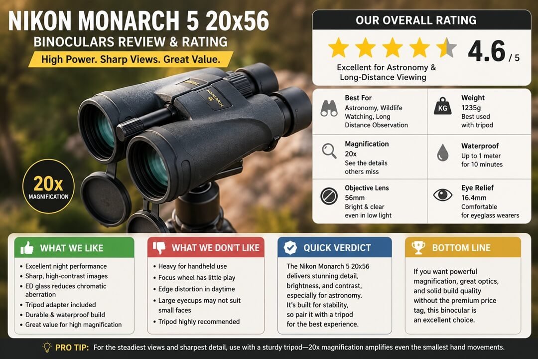 Nikon Monarch 5 20x56 binoculars review infographic with overall rating, specifications, pros, cons, and buying verdict.