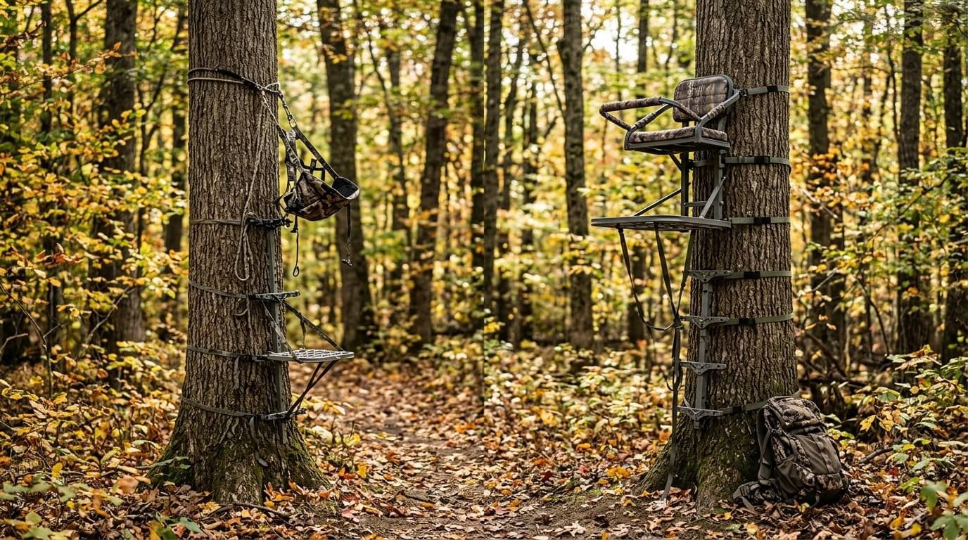 Hunting saddle platform and traditional hang-on tree stand compared in a forest.