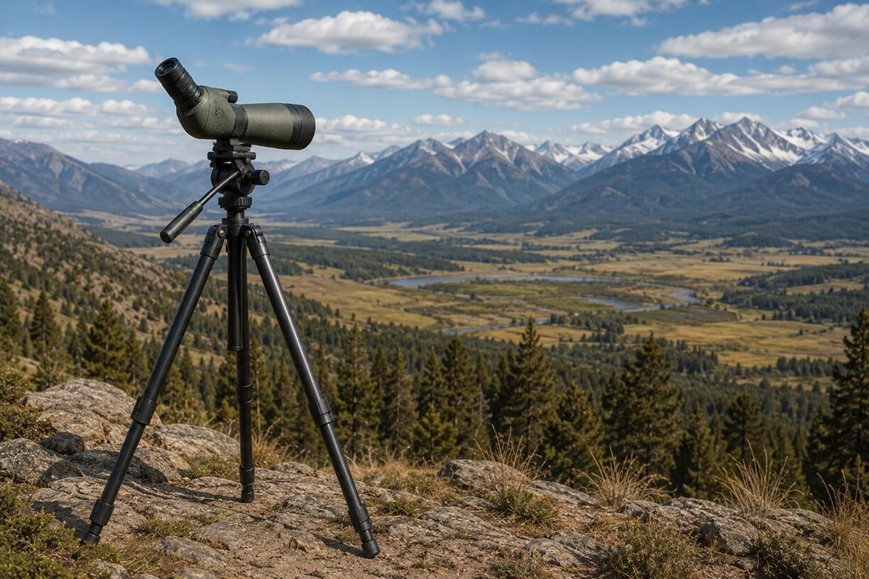 Spotting scope mounted on a stable tripod outdoors