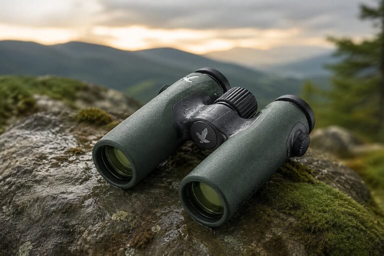 Swarovski CL Companion 8x30 B binoculars on a moss-covered rock in a mountain landscape, highlighting their compact design for birdwatching, hiking, and outdoor adventures.