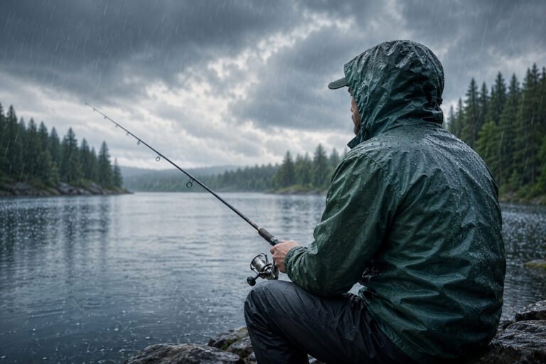 Angler in a waterproof rain jacket fishing from a rocky lakeshore during steady rainfall beneath dark storm clouds on a forest lake.