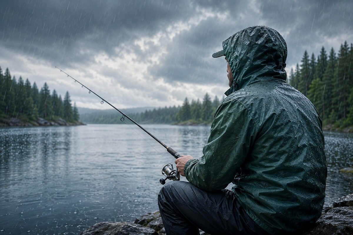 Angler in a waterproof rain jacket fishing from a rocky lakeshore during steady rainfall beneath dark storm clouds on a forest lake.